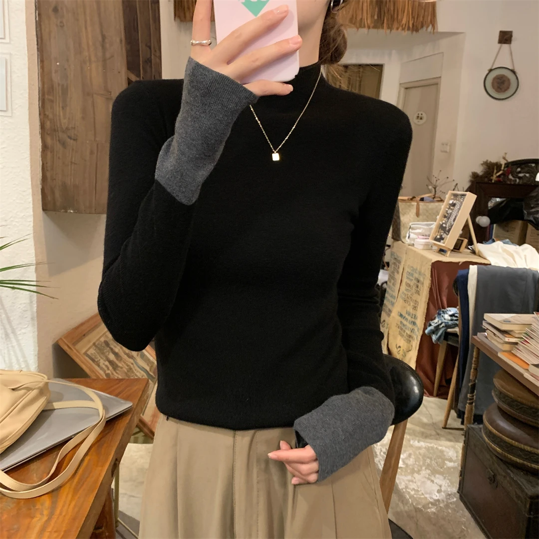 拉夏贝尔撞色针织衫女2025秋季新款设计感高领修身百搭小众上衣女