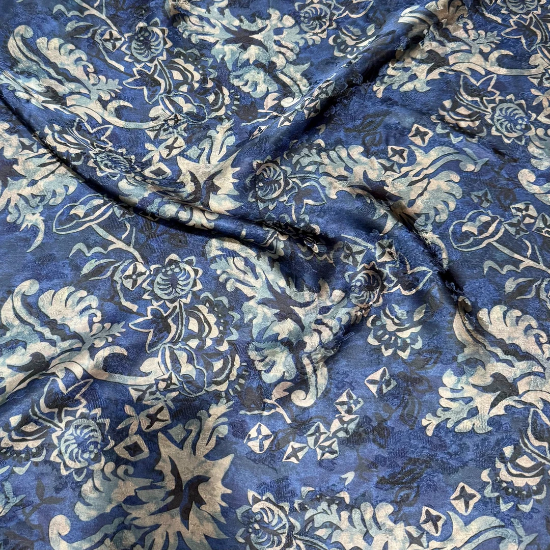 【青花瓷】高定新中式香云纱 花萝提花布头（开裁不退换）