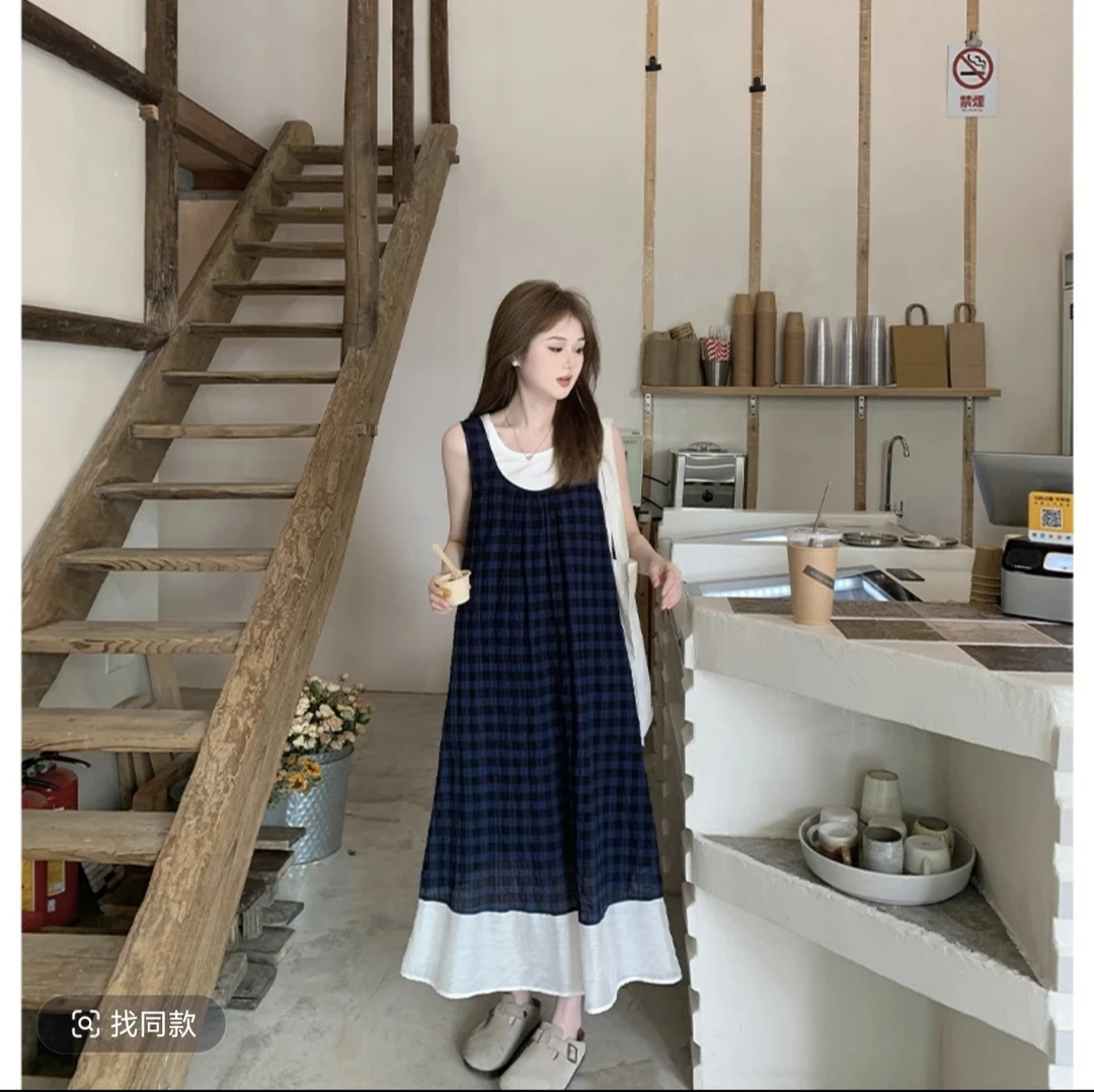 蓝色格子无袖2025夏季新款宽松显瘦海边度假长裙F小个子格子法式