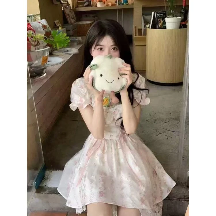 甜美可爱蝴蝶结方领碎花连衣裙子女夏季新款泡泡袖收腰显瘦蓬蓬裙