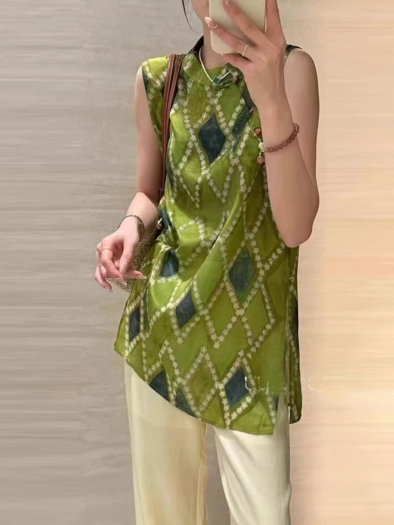 国风背心连衣裙女欧货2025夏季新款菱形新中式无袖马甲上衣旗袍裙