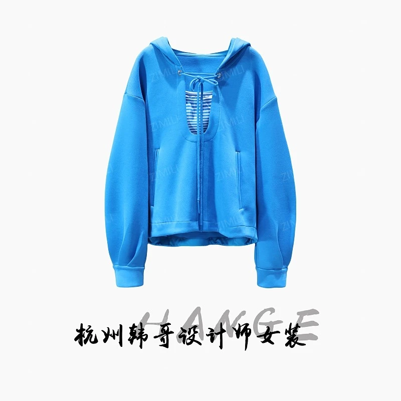 【韩哥女装】2025冬季加厚景泰蓝卫衣条纹内搭叠穿连帽卫衣6176-K5