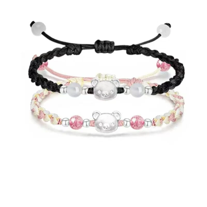 足银手链 足银999轻松熊手工时尚可爱情侣编织小众编绳时尚百搭