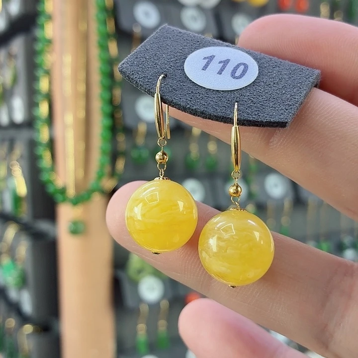 蜜蜡18K金镶嵌耳饰