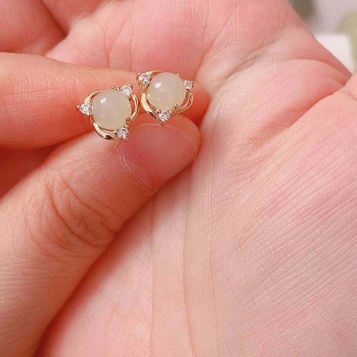 和田玉银S925镶嵌耳饰