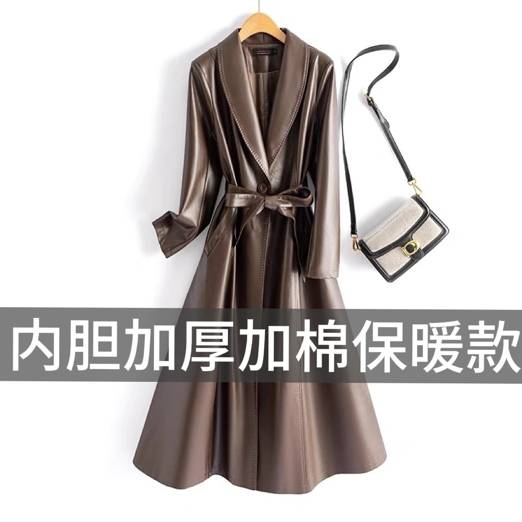 （817）{加棉}海宁青果领长款皮风衣