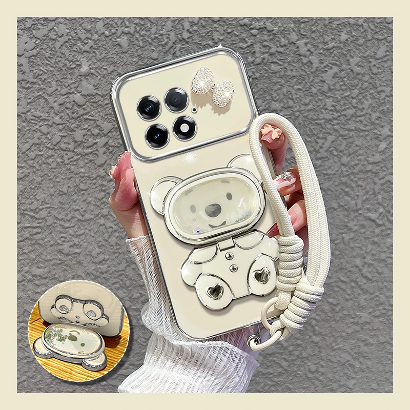 适用【一加12】手机壳新款流沙熊镜子支架女蝴蝶结防摔软壳硅胶时尚