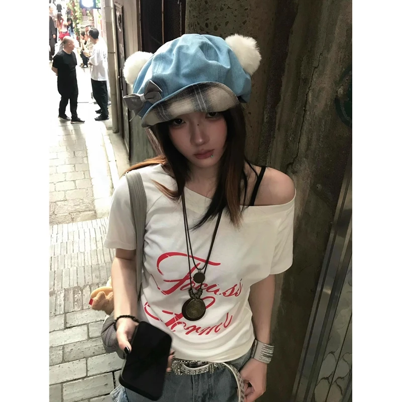 斜肩t恤女夏季美式白色字母印花修身显瘦短袖辣妹痞帅炸街风女装