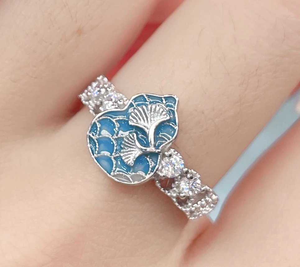 925银珐琅戒指 925银珐琅戒指 新中式杏叶蓝葫芦镂空锆石戒指