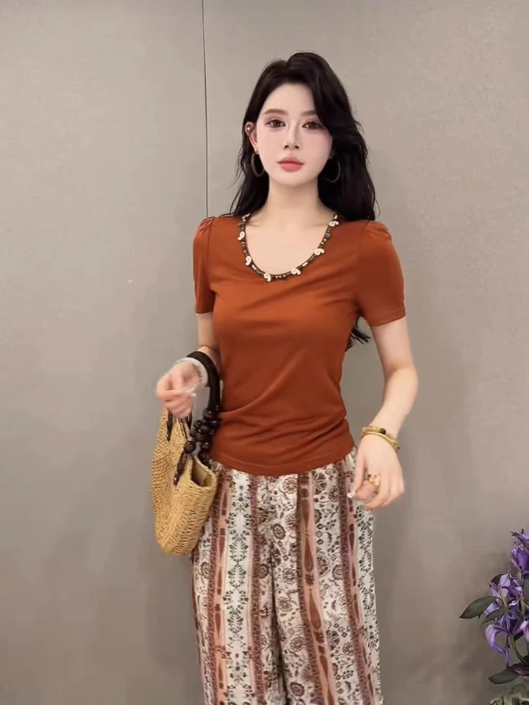 2025夏季新款拼接钉珠纯色针织T恤短袖打底衫显瘦百搭圆领洋气