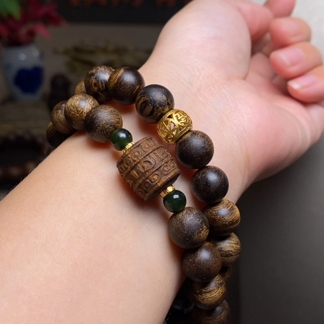 沉香手串越南瘤疤富森红土1.0➕白棋沉香木雕设计配饰