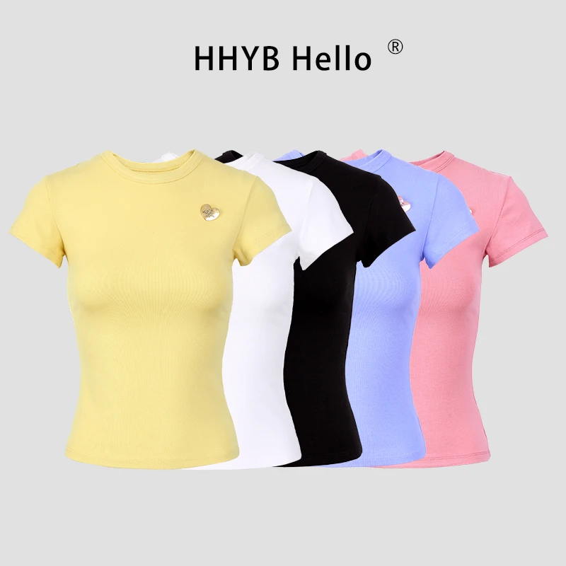 HHYB Hello设计感爱心胸针粉色正肩短袖T恤夏2025新款上衣250529