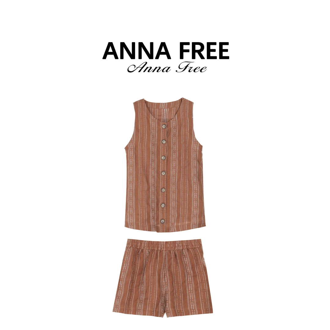 ANNA FREE 100亚麻时尚文艺风夏季条纹无袖马甲短裤套装ZCM25510