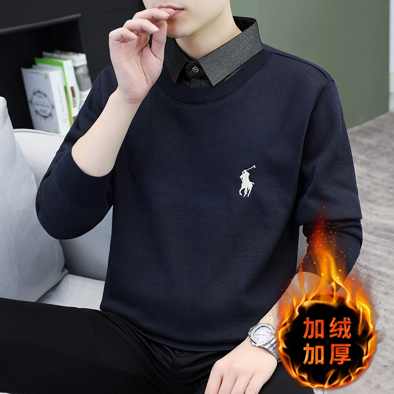 休闲假两件毛衣男冬季加绒加厚针织衫男衬衫领打底衫青少年套头毛