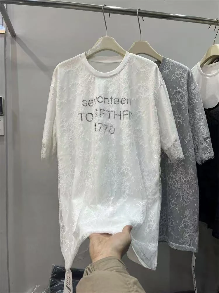 5825#春夏镂空蕾丝时尚别致字母短袖拼接感减龄上衣宽松女装潮