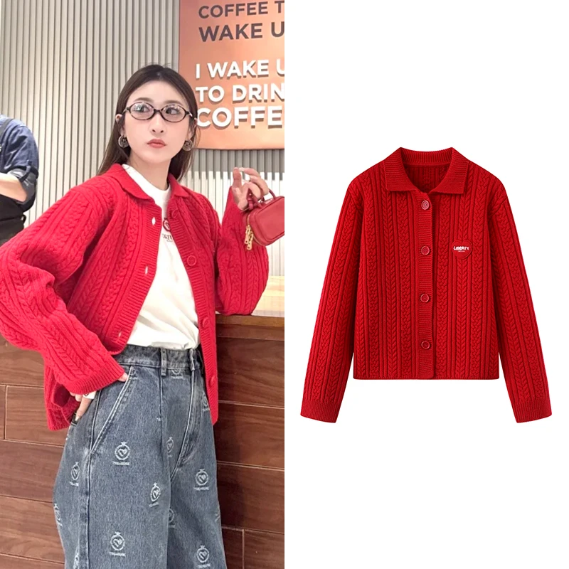【D】针织开衫2025春季新款绞花工艺摩登新年红上衣女C5009