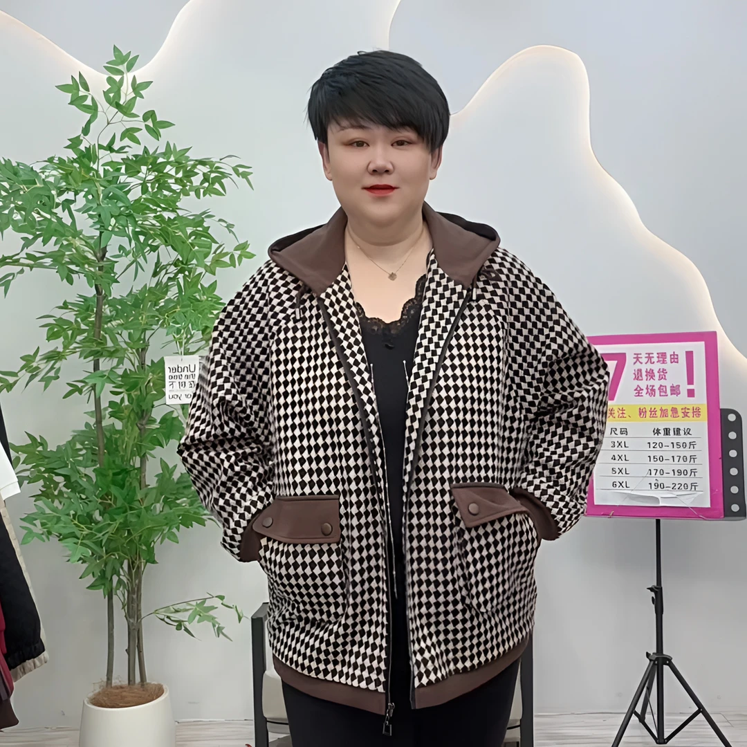 大码妈妈装3302春季新款百搭宽松显瘦连帽大版休闲时尚千鸟格外套