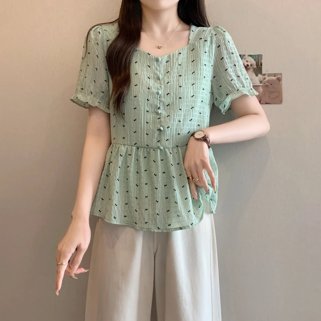 法式气质泡泡短袖衬衫女夏季新款微胖mm大码宽松显瘦百搭薄款上衣