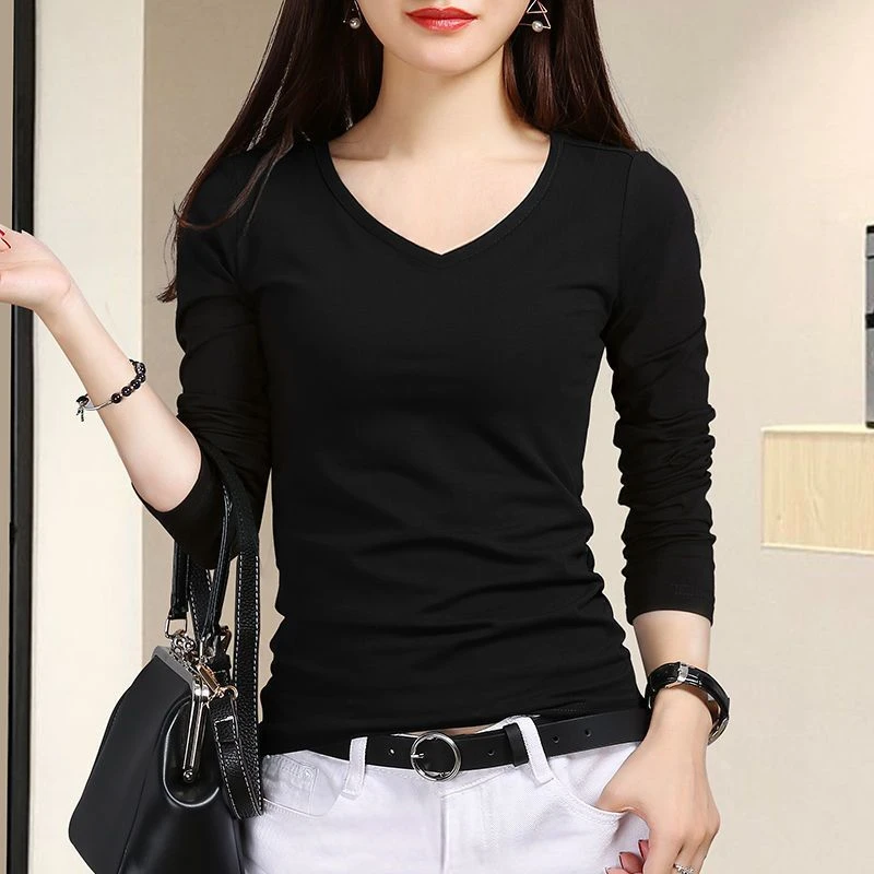 黑色V领长袖t恤女装春秋季2025新款修身打底衫女内搭纯棉白色上衣