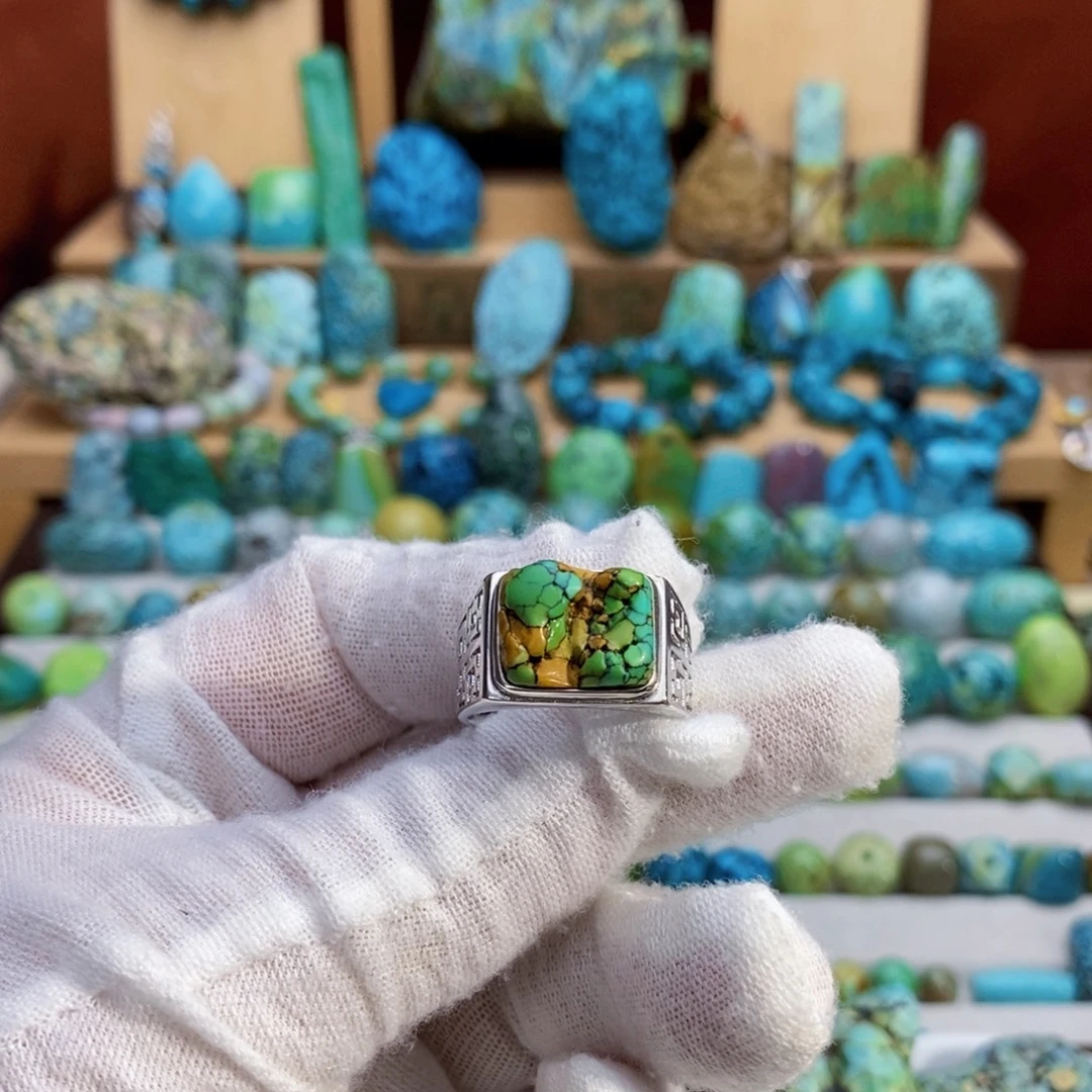 定制绿松石唐三彩男戒指