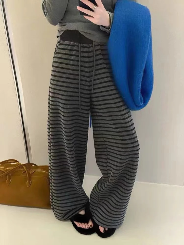 妞总家春款条纹高腰阔腿卫裤百搭宽松显瘦时尚休闲阔腿