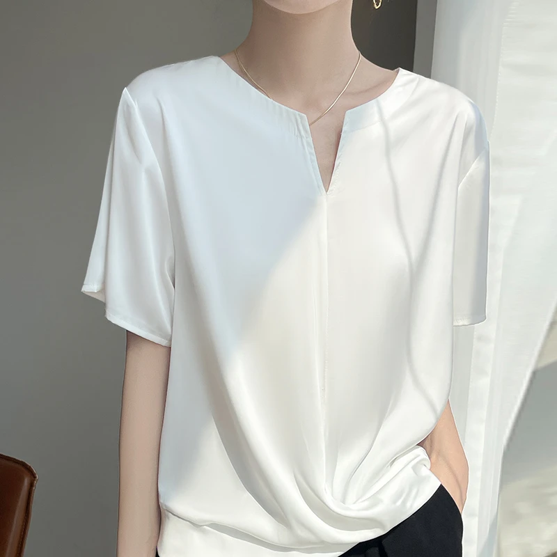 杭州正品莱赛尔天丝时尚v领短袖女款夏季新款休闲洋气T恤宽松上衣