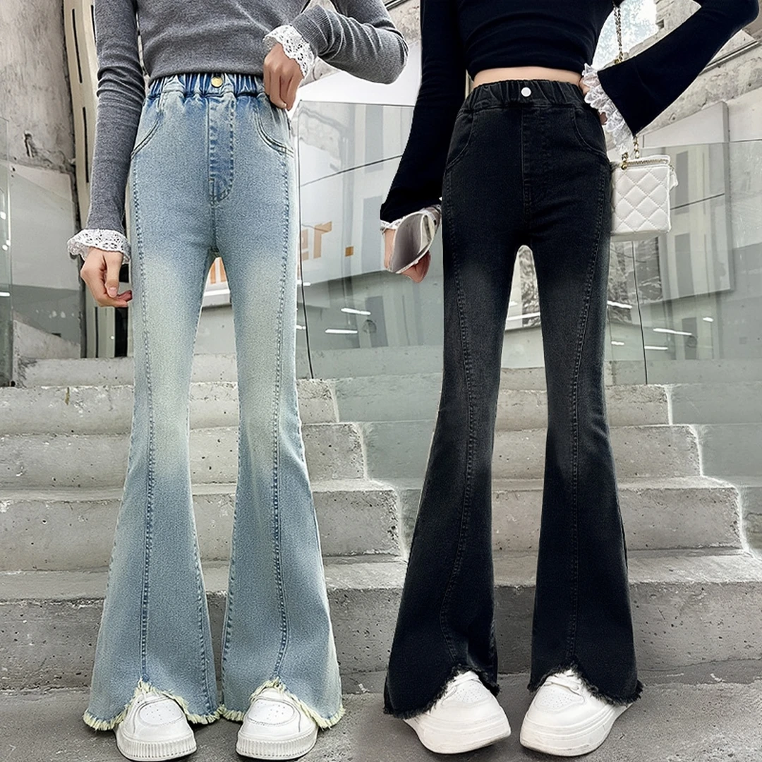 女童春秋紧身直筒微喇叭裤2025秋季新儿童弹力时尚高腰外穿牛仔裤