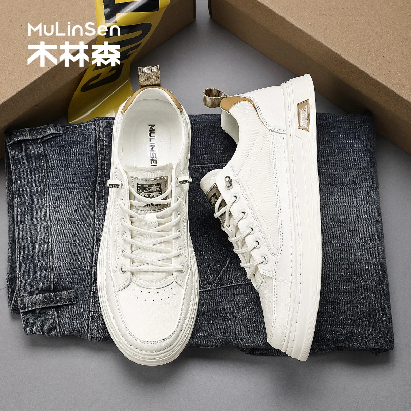 木林森男士小白鞋2025新款秋季透气休闲皮鞋运动软底增高板鞋男款