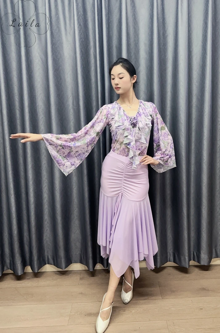 Laila摩登舞服新款上衣《风吹半夏》七分袖夏季两色摩登拉丁练习服