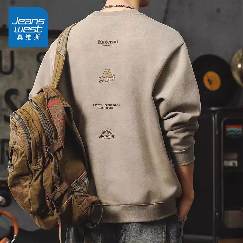 Jeanswest/真维斯美式重磅卫衣男款春秋潮流休闲宽松印花长袖上衣
