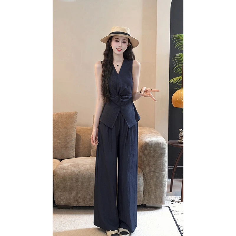 YUANLIANSU/圆脸酥【落花星雨】法式复古休闲V领上衣+阔腿裤两件套