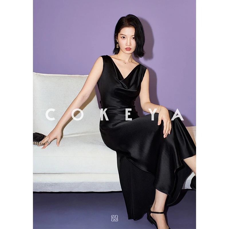 COKEYA/缪斯女神~小黑裙轻礼服醋酸无袖压褶收腰气质荡领连衣裙夏