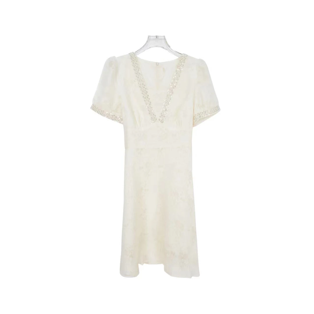 法式轻熟V领钉珠休闲风蕾丝气质连衣裙 Z127