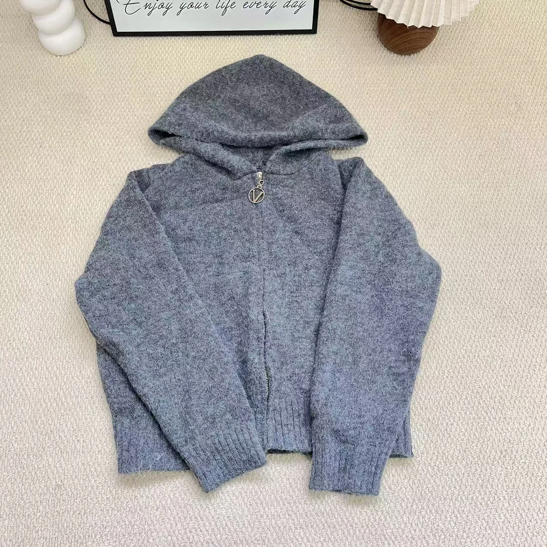 38-7041  灰色连帽毛衣外套女秋新款复古慵懒宽松针织开衫