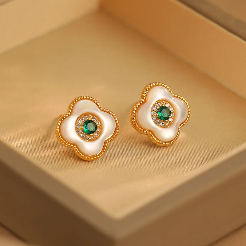 铜合金贝壳耳饰 【四重奏】复古四叶草耳钉轻奢气质时尚优雅0886