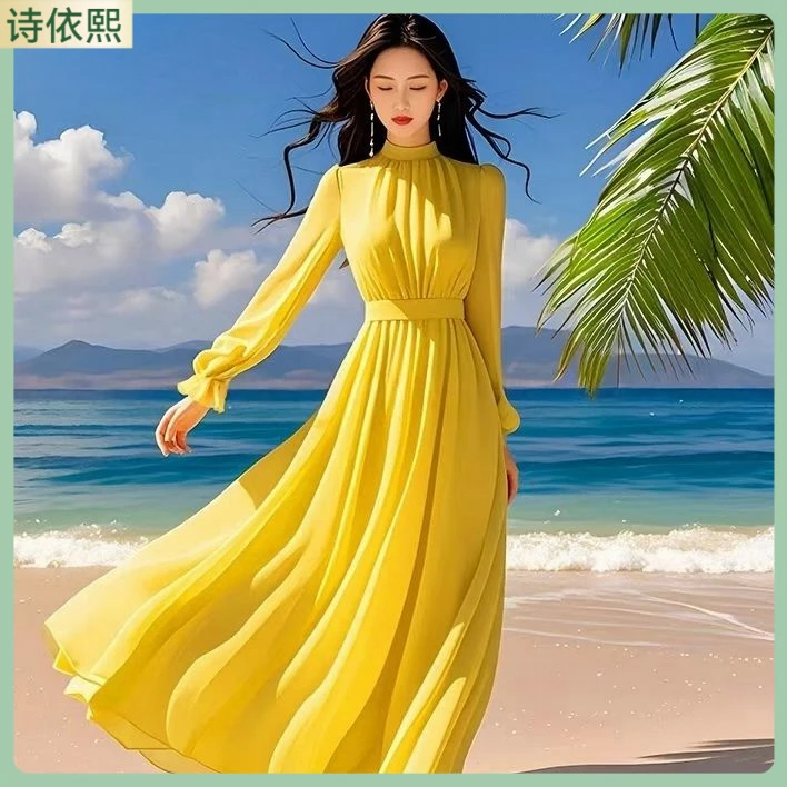 I法式温柔风海边度假收腰显瘦长款连衣裙高超仙女神拍照大摆裙1