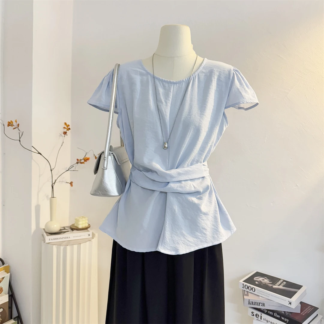 设计感交叉绑带收腰圆领短袖衬衫女2025夏季小众气质法式小衫上衣