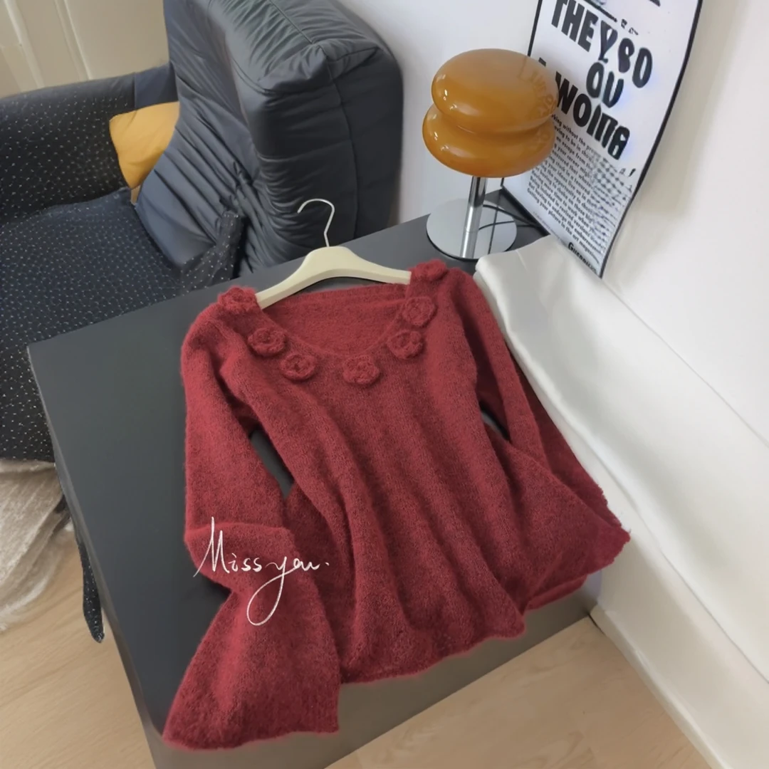 法式红色重工立体花朵针织衫毛衣女秋冬复古时尚软糯修身套头上衣