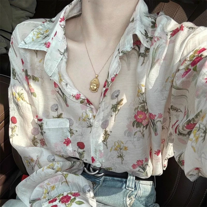 法式复古碎花衬衫春夏季新款洋气减龄薄款长袖衬衣防晒上衣女装