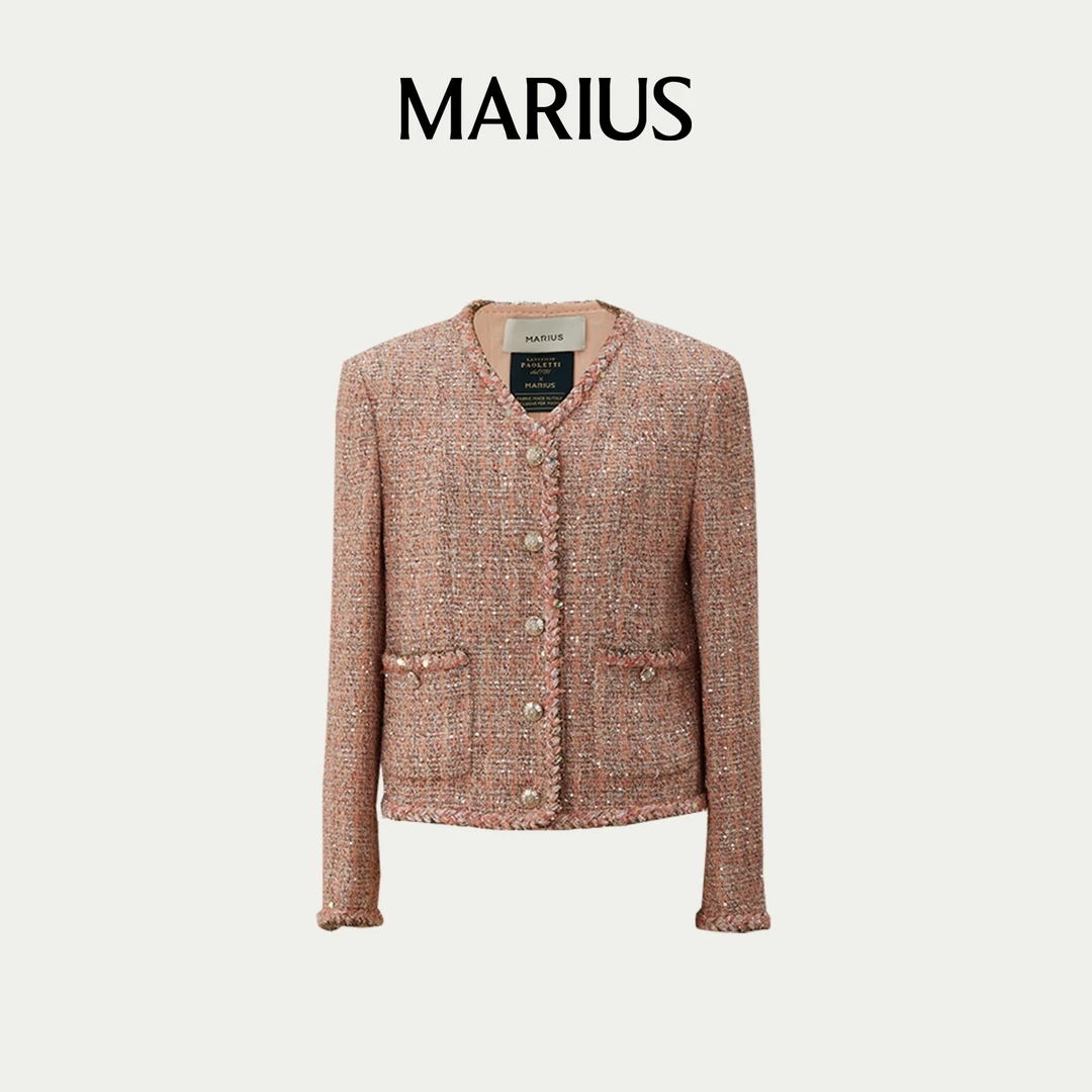 MARIUS"N°5"气质灵动时尚休闲短款经典百搭绯粉色V领小香风外套