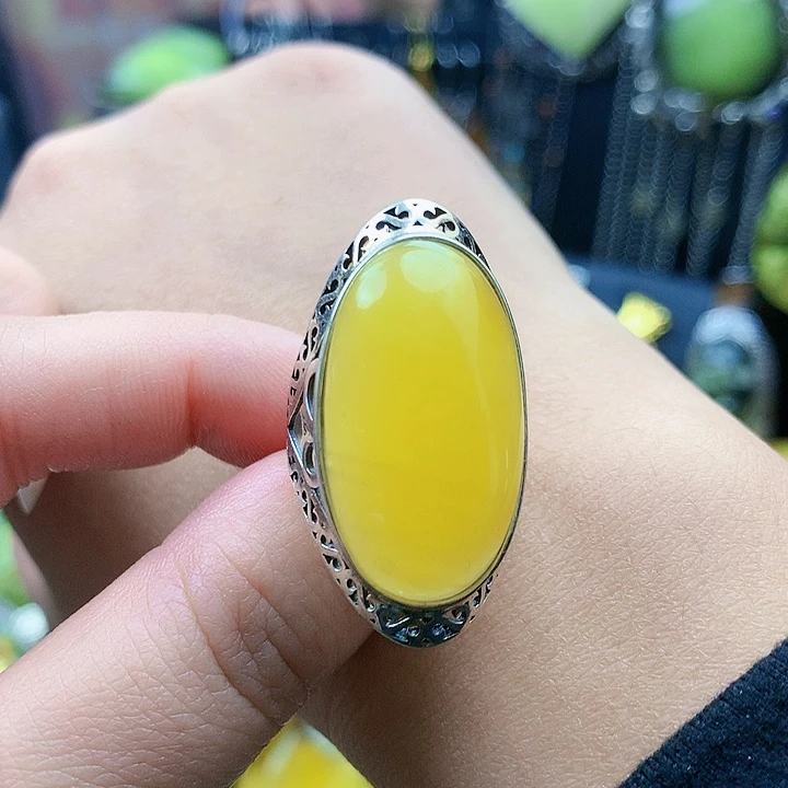 琥珀裸石银S925镶嵌戒指