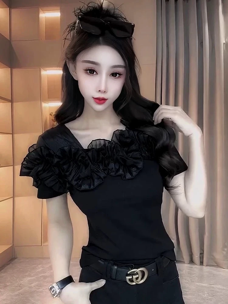 【运费全额补贴】法式气质T恤显瘦夏季荷叶边时尚洋气新潮短袖 上衣