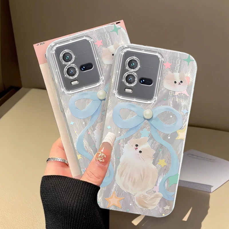 带镜头膜VIVOiQOO10手机壳羽纱蝴蝶结猫咪V2217A全包iQOO10pro仙