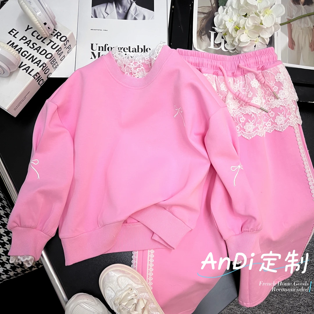 〖ANDI〗订制春季女童时尚拼接花边领口上衣裤子两件套套装3509