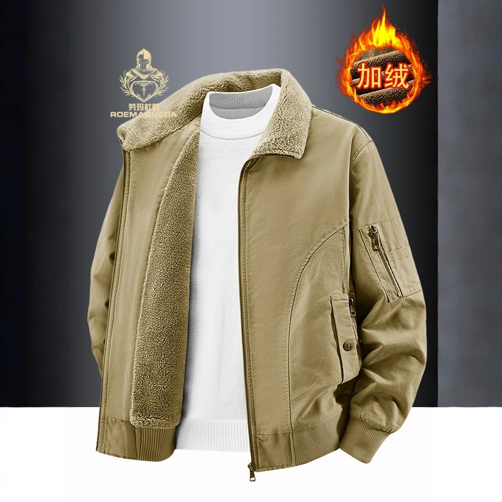 劳玛杜伽男款加厚保暖翻领棉服加绒秋冬工装时尚宽松大码夹克衫