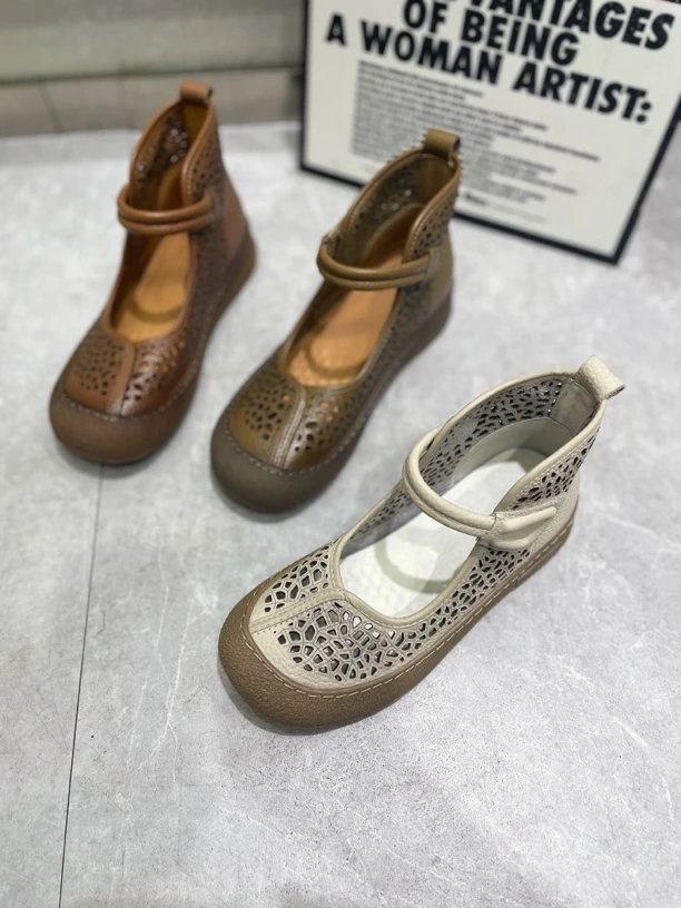 女款牛皮镂空透气高帮复古罗马夏季洞洞凉靴