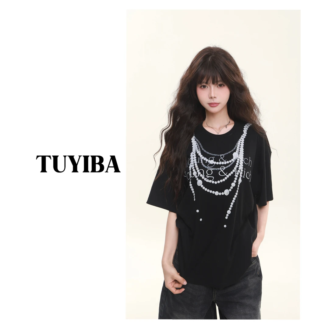 【兔兔】春季新款韩版设计感珍珠印花短袖上衣T恤女2630