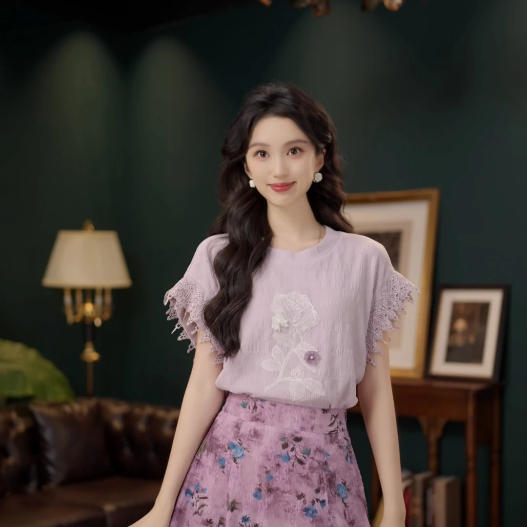 琦琦【星星丝带】复古小衫休闲百搭短袖女夏季上衣YF1102541