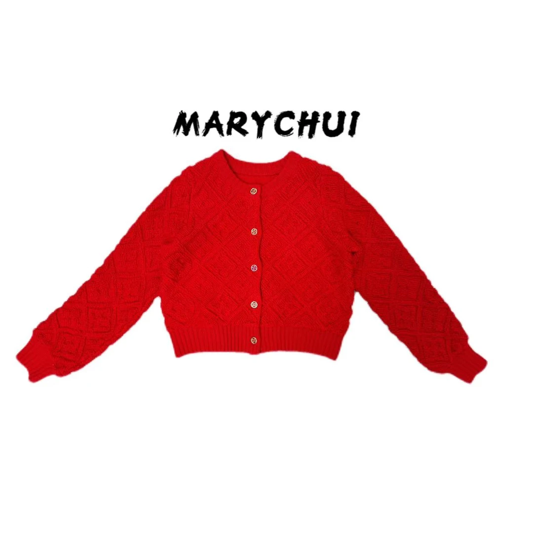 新款新年红立体陵格时尚针织开衫