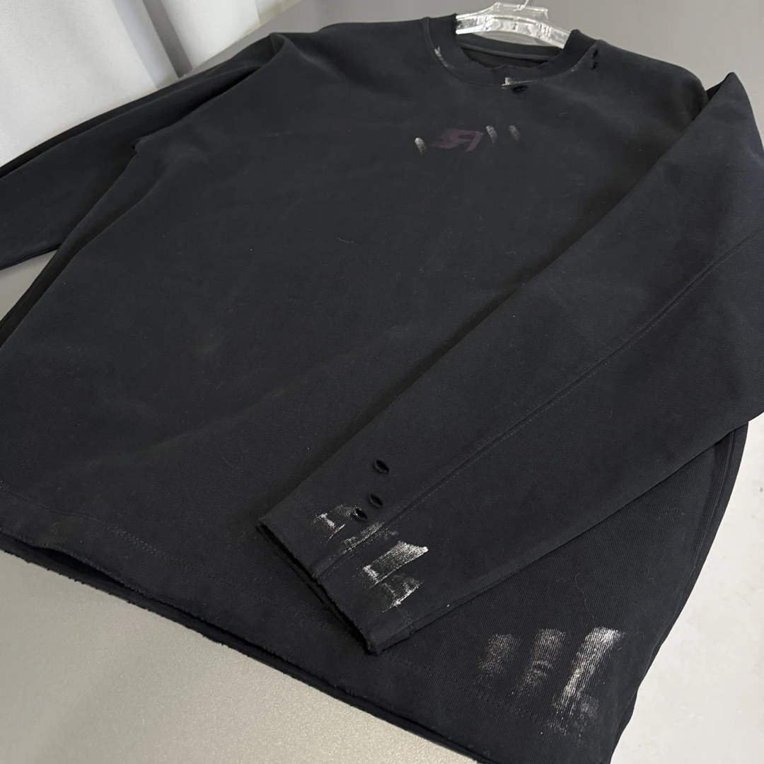 破洞字母印花长袖打底 高克重磨毛秋冬打底衫 灰色 黑色 男款上衣